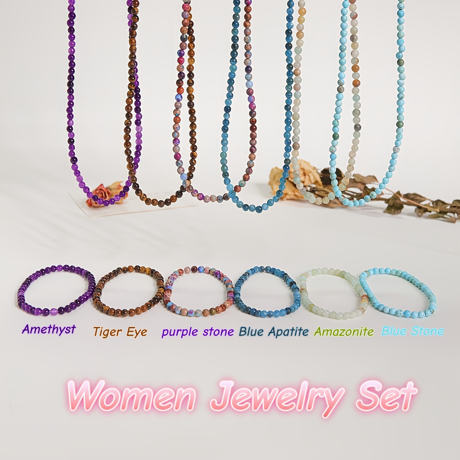 2pcs Bohemian Natural Stone Jewelry Set, Necklace & Bracelet